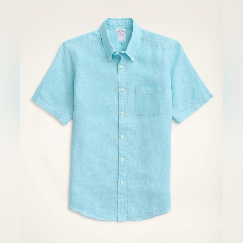 Brooks Brothers Blue Irish Linen Slim Fit Original Polo Button Down Shirt Sz M